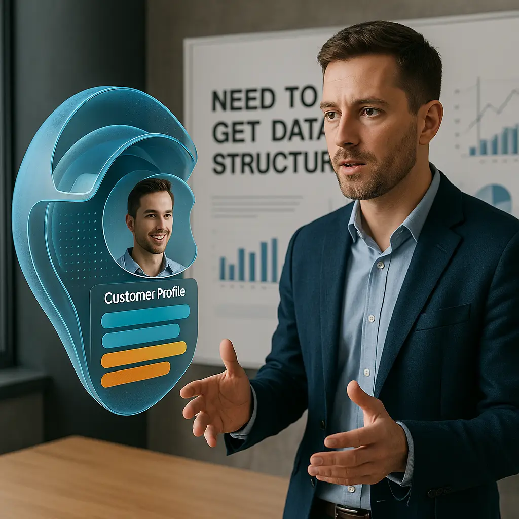 A professional businessperson stands in a modern conference room, gesturing toward a floating 3D shell-shaped hologram labeled ‘Customer Profile’ with segmented data fields inside. Behind them, a whiteboard reads ‘Need to Get Data Structured’ alongside charts. The lighting is bright and natural, with a minimalistic color palette and an urban skyline visible through the windows.
