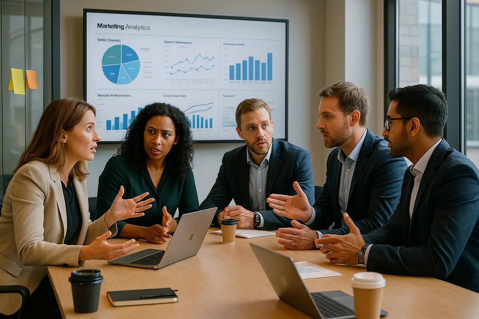 “Marketing Data-Mindset Training” piece: four diverse marketing leaders in a bright, glass-walled meeting room, animatedly discussing the insights on a data-rich dashboard.